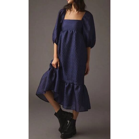 BY ANTHROPOLOGIE NAVY BLUE DELICATE TEXTURED PUFF SLEEVE DRESS XL - Picture 1 of 6